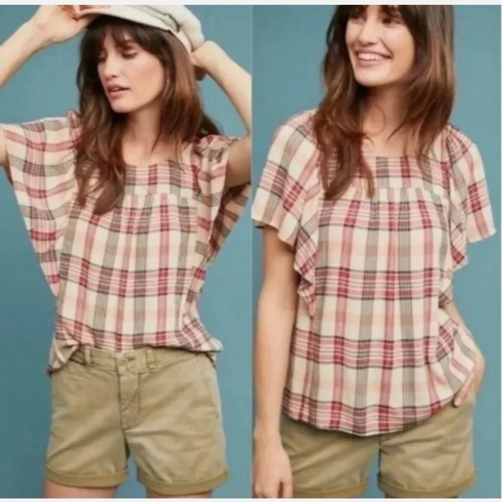 Maeve Priscilla Plaid Flutter Sleeve Top from Anthropologie Small